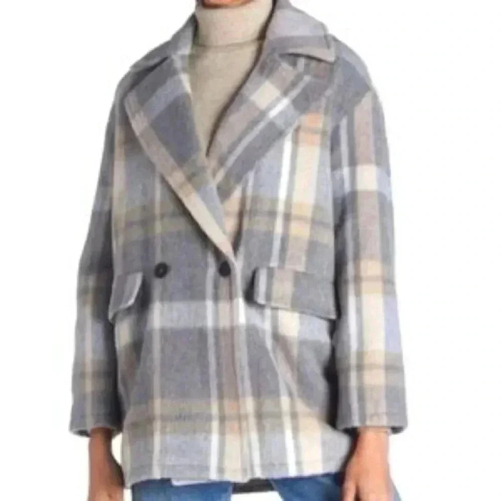Avec Les Filles Wool Blend Oversized Plaid Peacoat Size Large